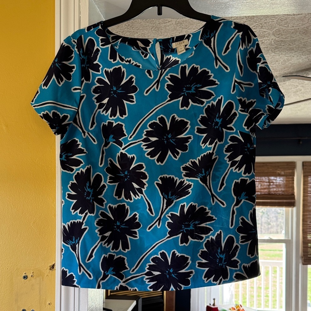 J. Crew Teal Short-Sleeve Floral Top